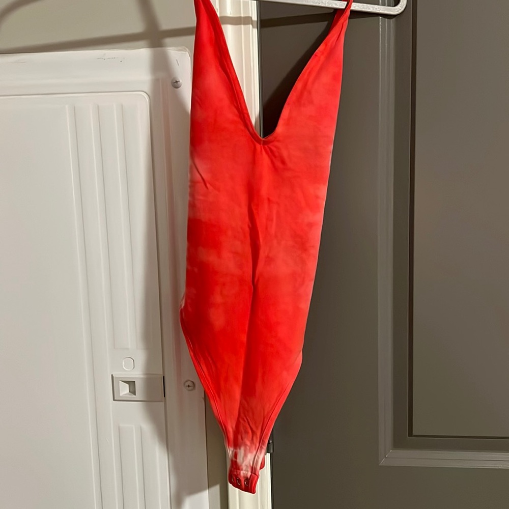 Womens top shop red and white tie dye body suit with crisscross back
